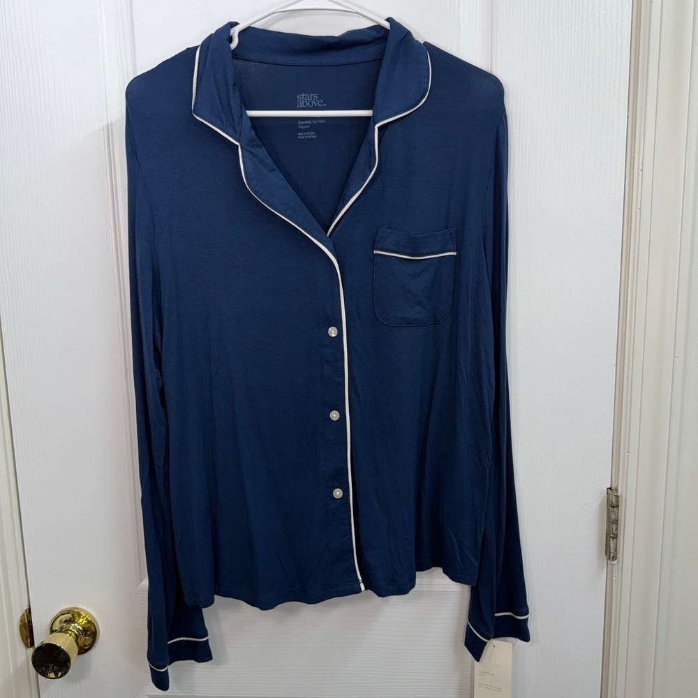 NEW Stars Above blue button front pocket collared soft stretch lounge pajama top